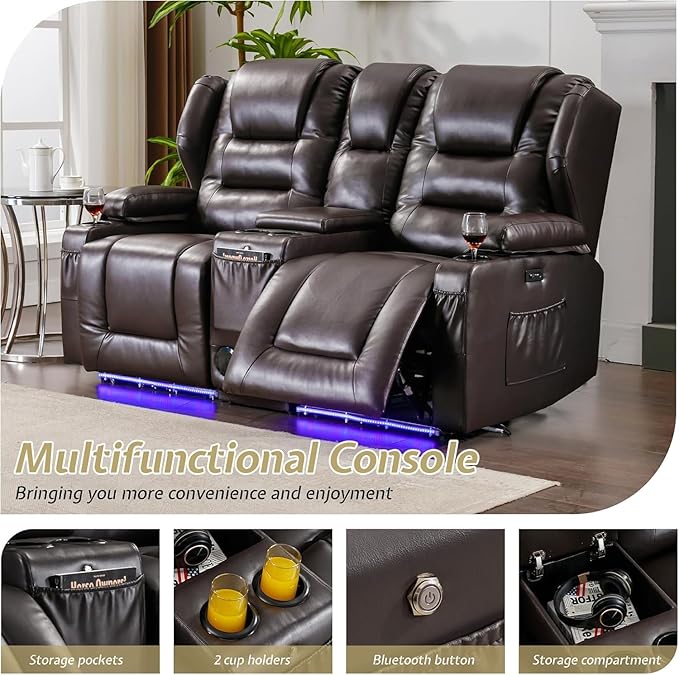 SAMERY Power Loveseat Recliner Sofa with Adjustable Split Back, USB Charging, Bluetooth Speakers & LED Lighting – Home Theater Seating with Storage, Cup Holders, Brown Faux Leather Loveseat Recliner