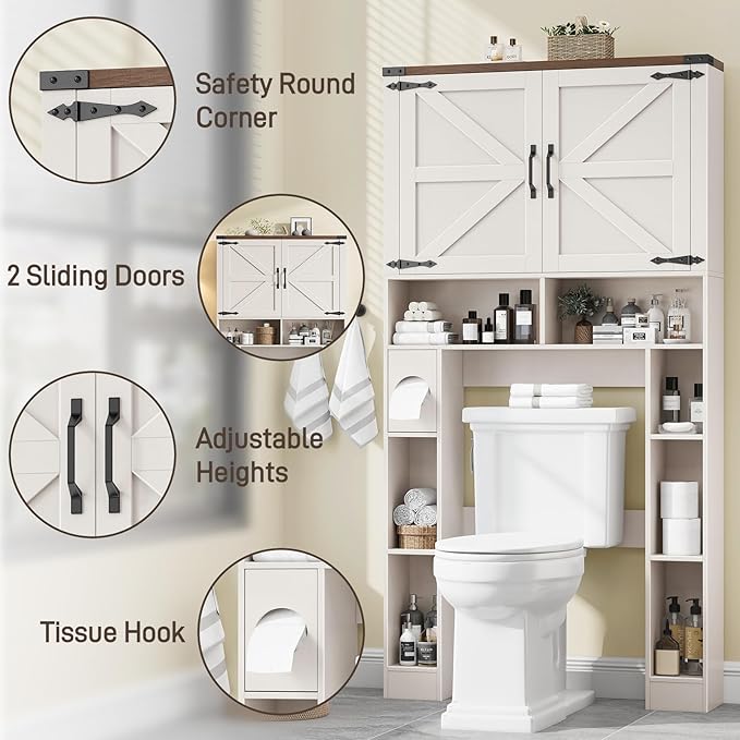 Over The Toilet Storage Cabinet, Farmhouse Storage Cabinet Over Toilet with 2 Barn Doors ，Toilet Paper Holder Stand，Home Space-Saving Toilet Rack, for Laundry, Restroom, Bathroom