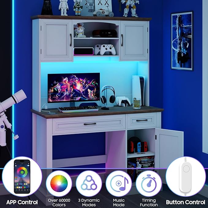 Farmhouse 47" Executive Desk with Hutch, 2 Drawers and LED Light, Computer Desk with Storage Cabinet and Charging Station,Workstation for Home Office and Study.Unique White