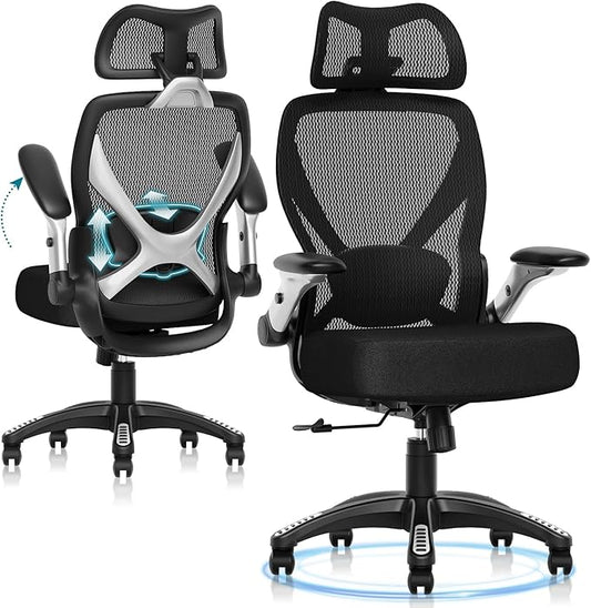 GABRYLLY Ergonomic Office Chair, Big and Tall Computer Desk Chair - 5D Folding Arms, 135° Tilt, Large & Thick Foam Seat, Adjustable Lumbar Support, 3D Functional Headrest, Heavy Duty Home Mesh Chair
