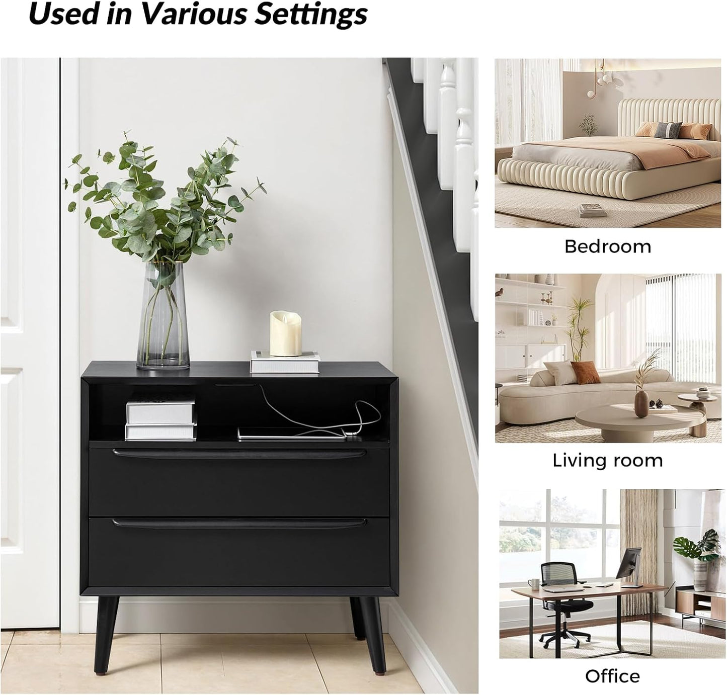 HULALA HOME Nightstand with Charging Station, Set of 2 Mid-Century Modern 2 Drawer and Open Shelf Dresser for Bedroom, Fluted Bedside Table, Black