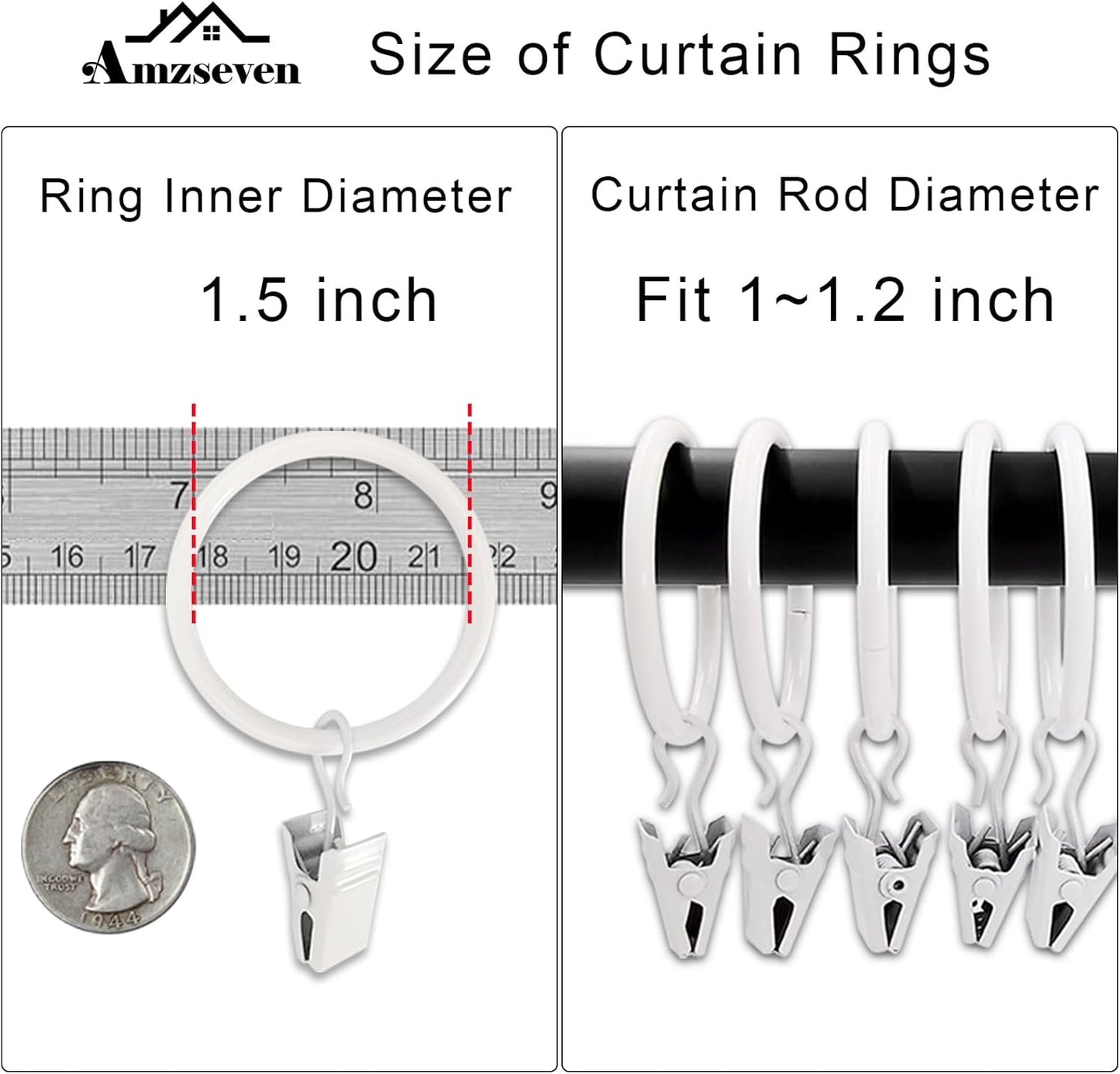 40 Pack Metal Curtain Rings with Clips, Drapery Clips Hooks, Decorative Curtain Rod Clips 1.5 in Interior Diameter, Rustproof White