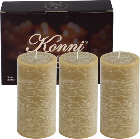 KONNI Wax Yellow Pillar Candles Set of 3, 3"x 6" Unscented Pillar Candles Bulk, 56 Hours Long Burning Candles, Smokeless&Dripless Large Round Candle for Wedding, Home Decoration, Parties, Spas, Dinner