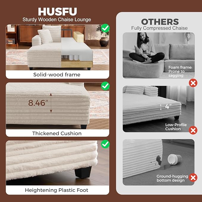 HUSFU Chaise Lounge Chair Indoor, 60'' Oversized Sleeper Sofa, Chaise Lounge Reading Chairs for w/Cup Holder and USB&Type C Port, Fluffy Plush Faux Fur Cloud Sofas Couches for Living Room, Beige, 2PCS