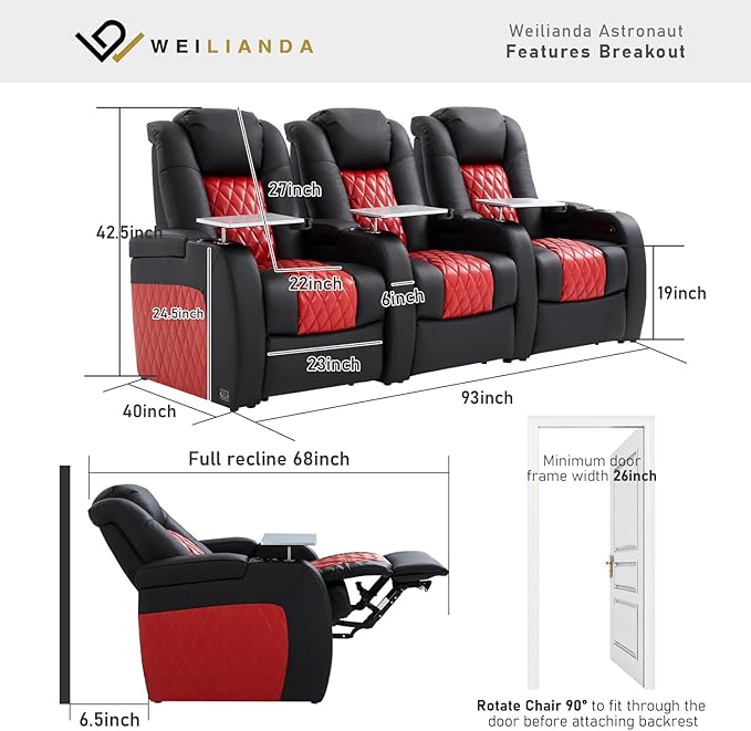 Home Theater Seating, Top Grain Leather Movie Seats Recliner Chair, Zero Gravity Reclining Gaming Sofa with Power Headrest 7 Colors Ambient Lighting 3 Seats Black Dark Red