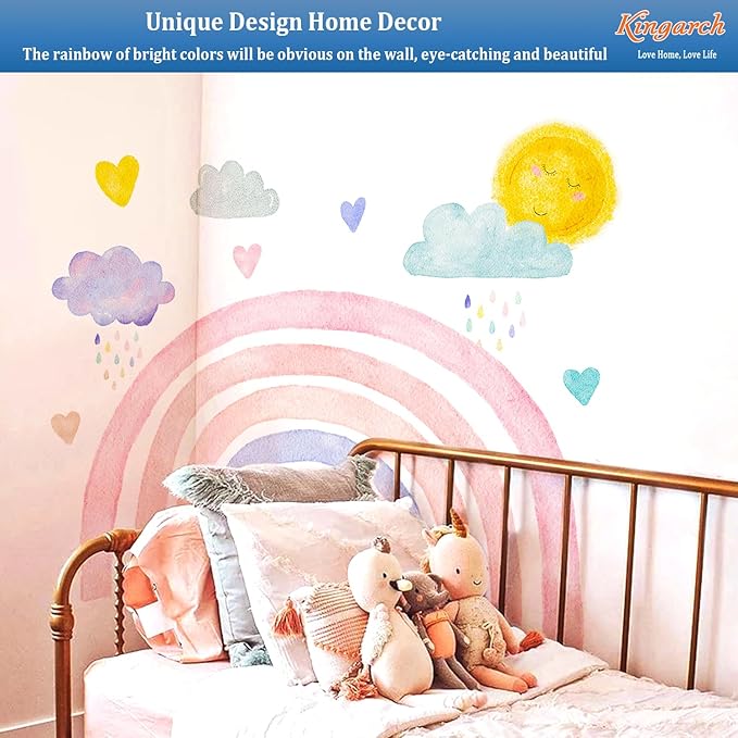 Large Boho Rainbow Wall Decals, Clouds Sun Hearts Peel and Stick Fabric Nursery Wall Decor, Removable Home Room Wall Decor Murals Stickers for Kids Girls Toddler Bedroom Living Room Playroom
