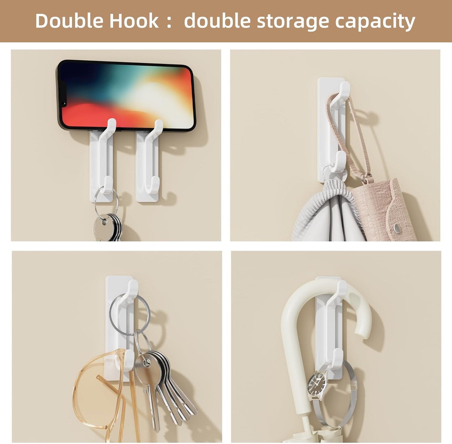 Wall Hooks for Coat and Towel: 13LB Adhesive Door Hanger Stick on, White 6 Pack