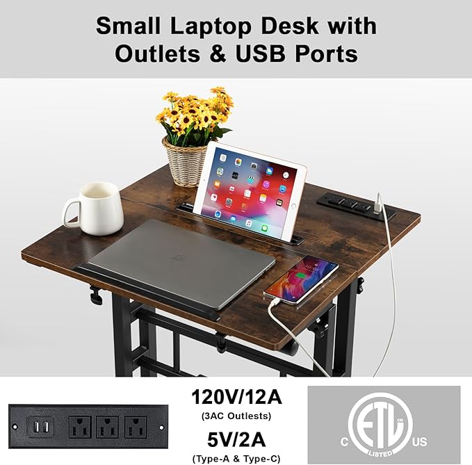 Hadulcet Mobile Standing Desk with Charging Station, Adjustable Standing Computer Desk, Standing Adjustable Laptop Cart with Wheels for Home Office Classroom Rustic Brown