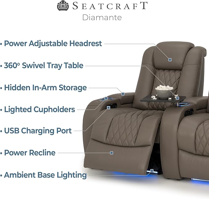 Seatcraft Diamante Zero-Gravity CoolZero Italian Leather Home Theater Seating, Power Headrest, Power Recline, Row of 5 Left Loveseat, Gray