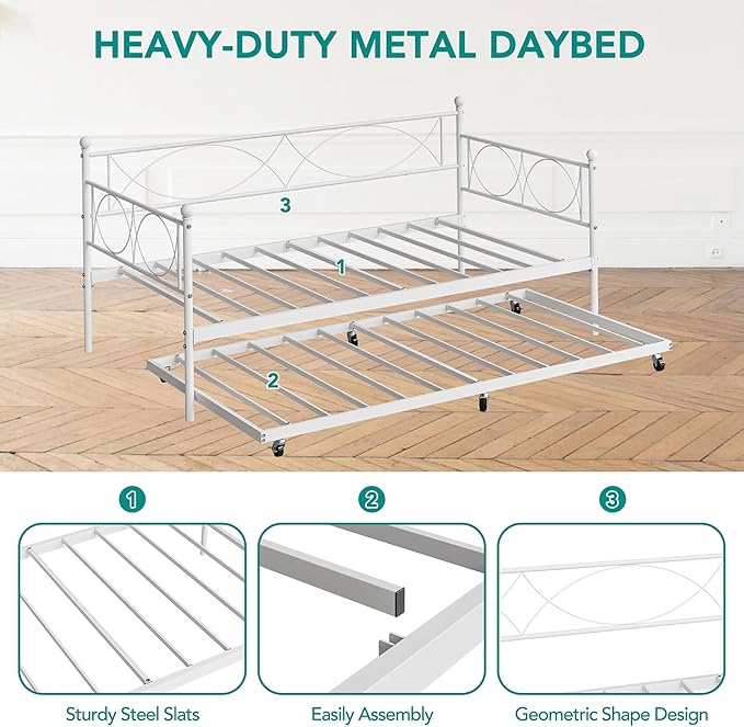 IDEALHOUSE Twin daybed with Trundle, Metal Twin Daybed and Trundle Set, Day Bed Sofa Bed Frame with Steel Slat Support, Multifunctional Daybed Frame for Bedroom (Modern - White)