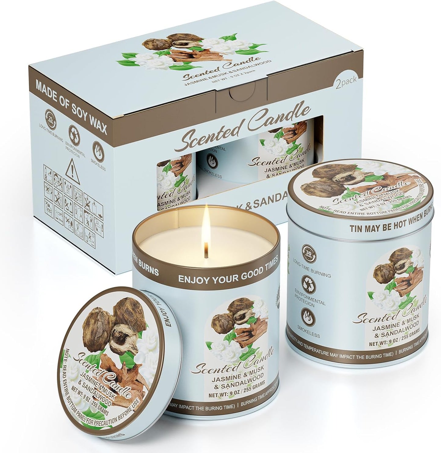 Luxury Jasmine&Musk&Sandalwood Scented Candles Set | 2 Pack,510g,8% Essential Oils,80H Burun | Clean Burning Smokeless Soy Wax for Aromatherapy, Meditation, Yoga | Relaxation Gift for Women & Men