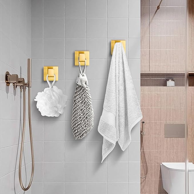 Towel Hooks for Bathrooms, Heavy Duty Wall Mounted Stainless Steel Modern Hook, – Ideal for Hanging Towels, Robes, Coats, in Kitchen, Bedroom, Bathroom, or Hotel (2 Pack, Brushed Gold)