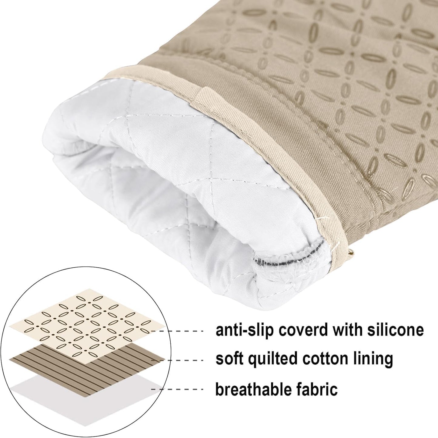 KEGOUU Oven Mitts and Pot Holders 6pcs Set, Kitchen Oven Glove High Heat Resistant 500 Degree Extra Long Oven Mitts and Potholder with Non-Slip Silicone Surface for Cooking (Almond)