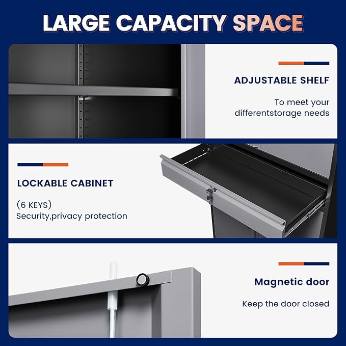 Yizosh Metal Garage Storage Cabinet with Locking Doors and Adjustable Shelves, 71" Steel Tool Storage Cabinet with 1 Drawer for Garage,Office,Warehouse (Gray Black)