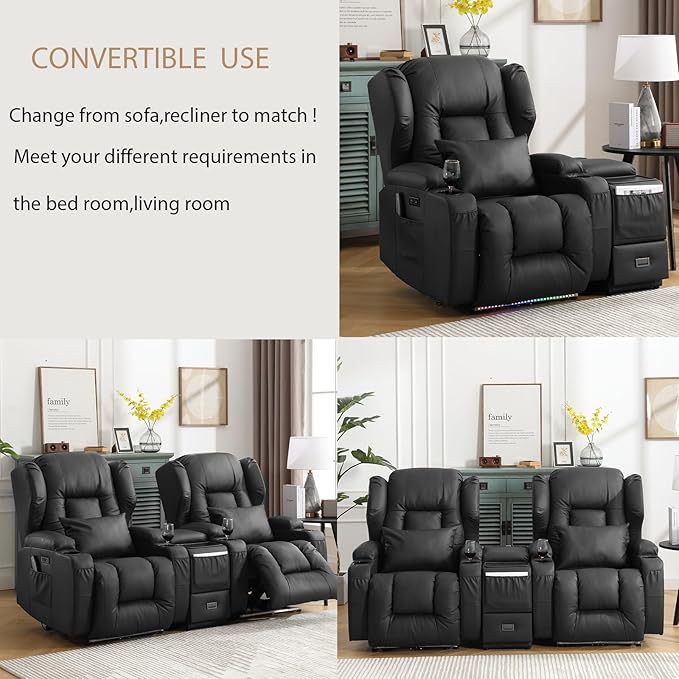 Wall Hugger Power Recliner Chair, Home Theater Seating Electric Recliing Sofa with Massage & Heat, Cup Holder, USB Port, LED Ambient Light, Storage for Living Room (Black, Console Table Only)