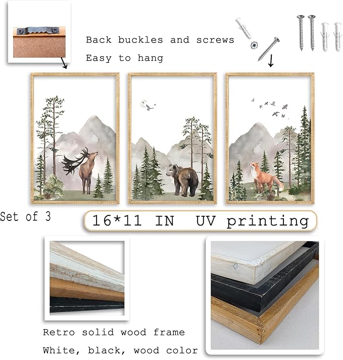 Set Of 3 Wild Woodland Nursery Animals Wall Art Decor 16x11 Inch Safari Foggy Forest Deer Bear Fox Posters Wood Framed Sign Jungle Children's Boys Girls Room Watercolor Prints Hang (Wood)