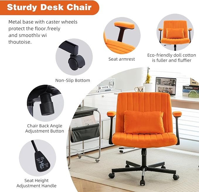 Furnimart Criss Cross Desk Char Wide Seat with Wheels and Arms, 360° Swivel Cross Legged Desk Chair Thick Cushion, Velvet Comfy Armless Home Office Chair for Bedroom, Vanity, Sturdy (Yellow)