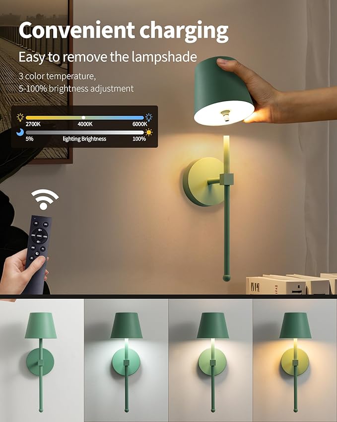 KDG Cordless Wall Sconces Set of 2, Wireless 5200mAh Rechargeable Battery LED Wall Lamps, Wall Lightings for Wall Painting, Outdoor, Garden, Living Room, Bedside, Hallway, Gifts, Night Light (Green)