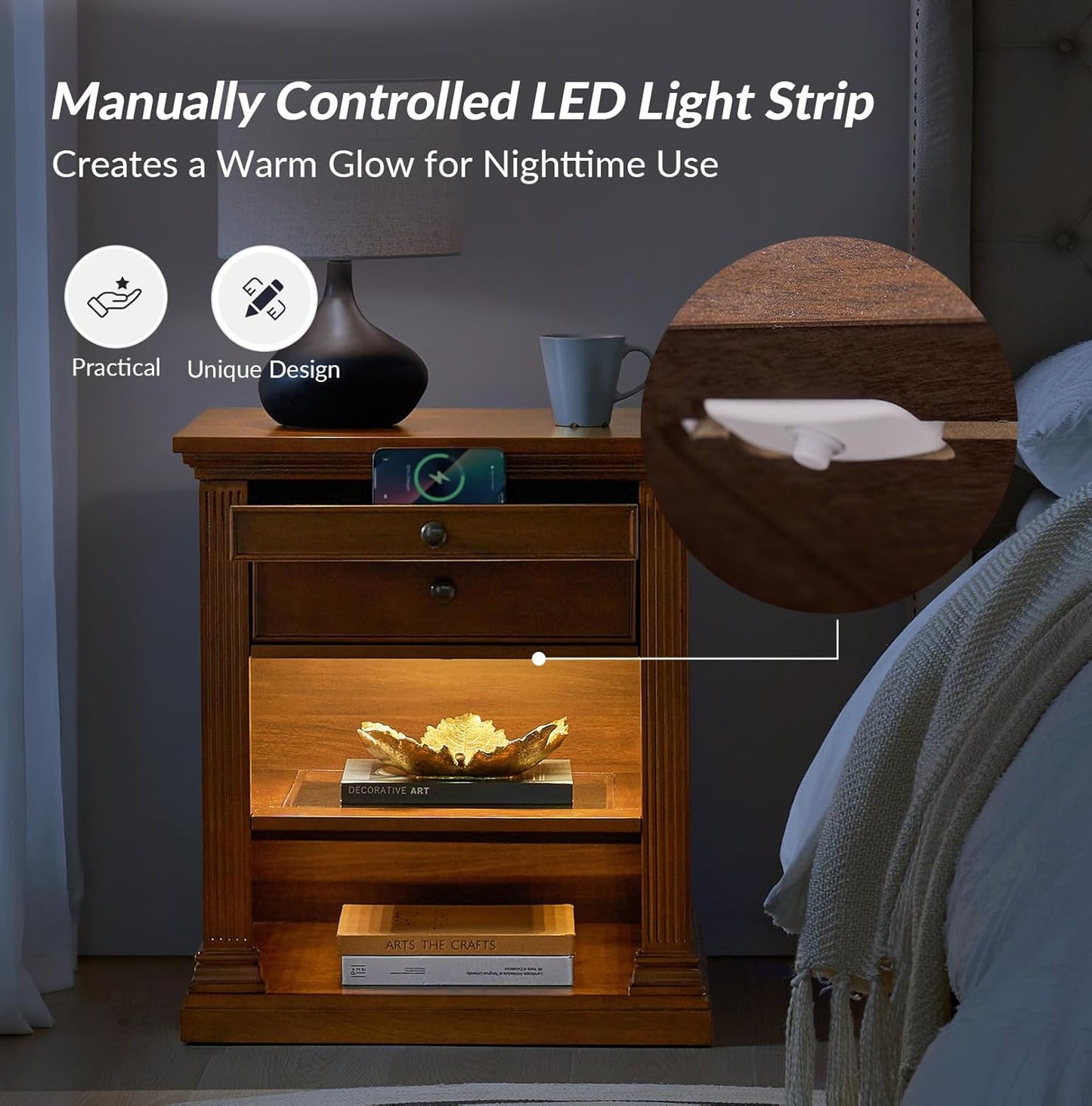 HULALA HOME Wood Nightstand with Tray and Storage Shelves, Traditional Design with Roman Column, End Table with Charging Station/LED，Acorn-S2