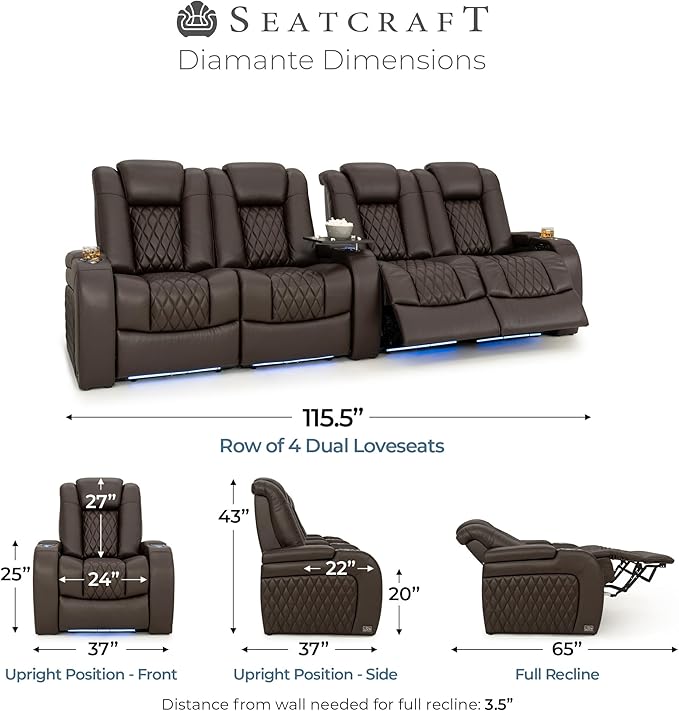 Seatcraft Diamante Zero-Gravity CoolZero Italian Leather Home Theater Seating, Power Headrest, Power Recline, Row of 4 Dual Loveseats, Brown