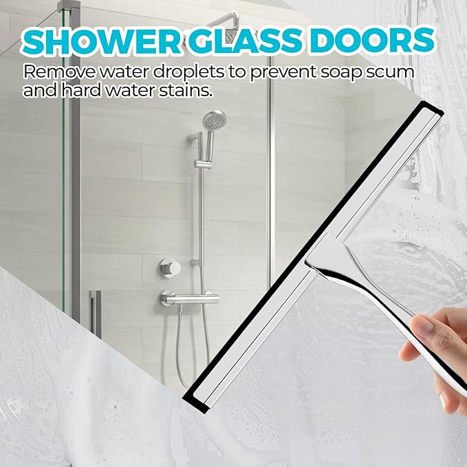 2PACK Shower Squeegee for Glass Doors, Squeegee for Shower Glass，All-Purpose Tile Walls, Bathroom, Window, Glass and Car Windshield, Mirrors and Kitchen-Stainless Steel, 10 Inches, Silver