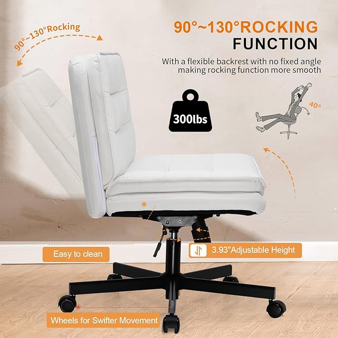 COMHOMA Cross Legged Office Chair with Wheels Armless Office Desk Chair, Modern Vanity Computer Task Chairs for Home Bedroom, Comfortable Wide Seat for Lower Back Pain Relief, PU Leahter, Beige