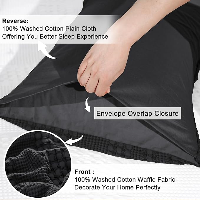 PHF 100% Cotton Waffle Pillow Shams Queen Size, 2 Pack 20" x 30" Soft Skin-Friendly Pillowcases, No Filling, Aesthetic Woven and Breathable Waffle Weave Pillow Case Covers for Bed, Black