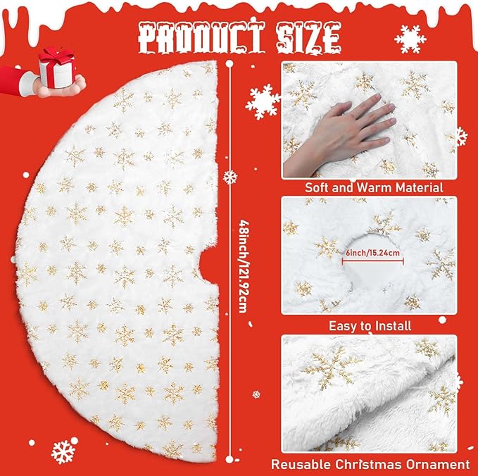 Hommtina Christmas Tree Skirt 48 Inches White Tree Skirt,Christmas Tree Decorations Faux Fur Tree Skirt for Xmas Holiday Home Party Decorations Ornaments (Golden Snowflake)