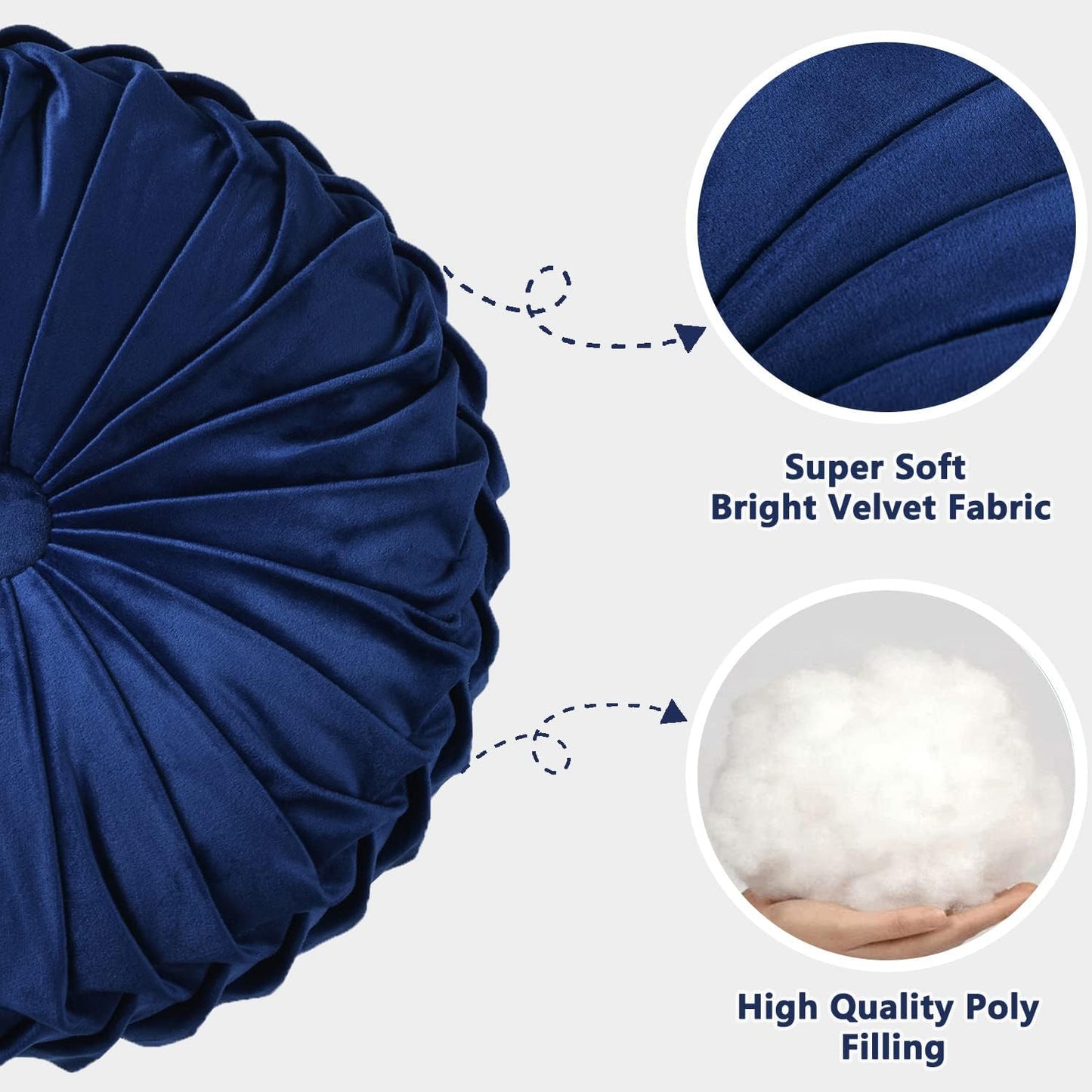 HIG Set of 2 Decorative Round Pleated Throw Pillows, Classy Accent Pumpkin Throw Pillows with Center Button, Vintage Velvet Floor Pillows for Sofa Couch Vanity Chair Bed, Navy, 14.5" Diameter(Ripple)
