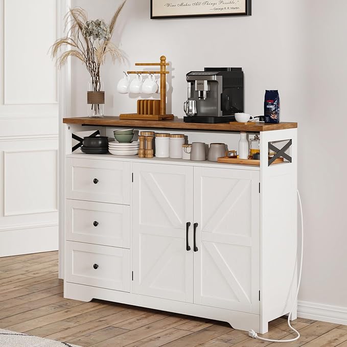 47" Antique White Storage Cabinet with Doors and Drawers, Farmhouse Sideboard Buffet Cabinet with Storage, Kitchen Pantry Hutch, Coffee Bar Station Table for Kitchen, Livingroom, Dining Room