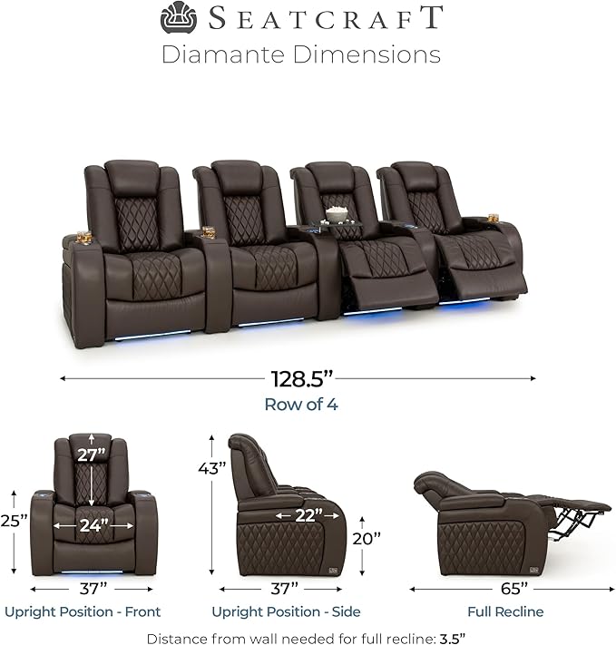 Seatcraft Diamante Zero-Gravity CoolZero Italian Leather Home Theater Seating, Power Headrest, Power Recline, Row of 4, Brown