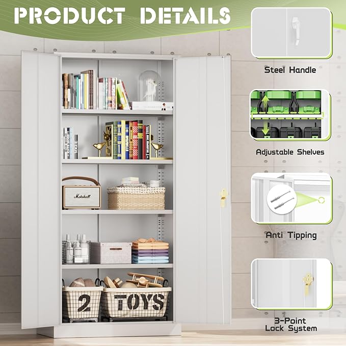 SUNCROWN 72" Metal Storage Cabinet - Heavy-Duty Metal Garage Cabinet with 4 Adjustable Shelves & 2 Doors for Tools, Office, Home, Workshop,White-Small