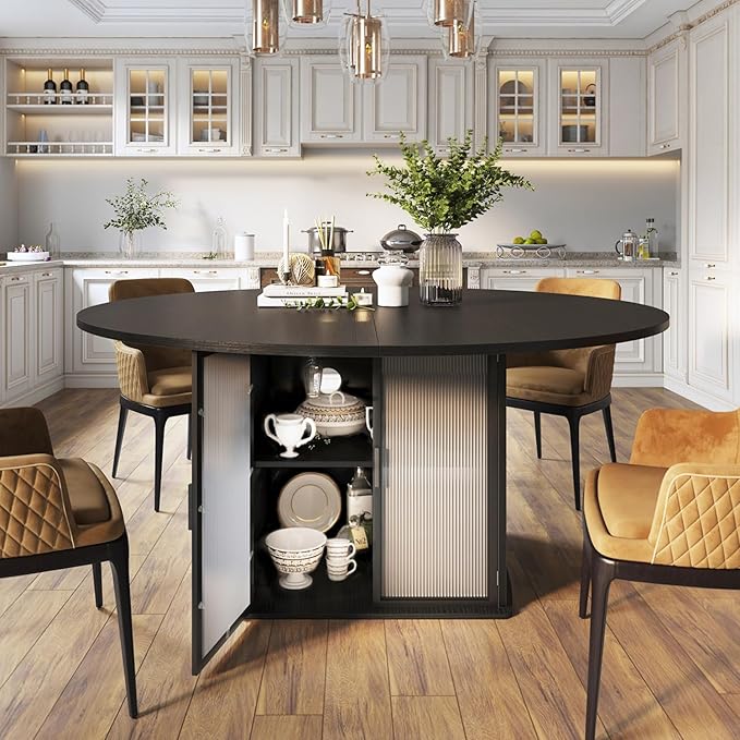 IBF Black Round Dining Table for 4-6, 47 Inch Kitchen Table with Fridge Space, Industrial Dining Room Tables with Storage Shelf, Wood Dinner Tables for Home Kitchen Living Room, Black Oak, Only Table