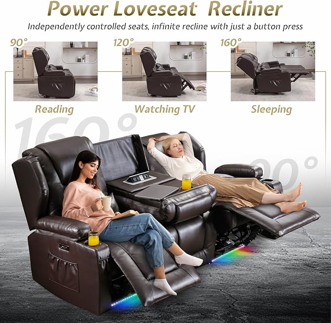 SAMERY Power Loveseat Recliner Sofa with Adjustable Split Back, Multi-Port Charger, Flip-Up Backrest & LED Lighting - Home Theater Seating with Storage, Cup Holders, Brown Faux Leather Loveseat