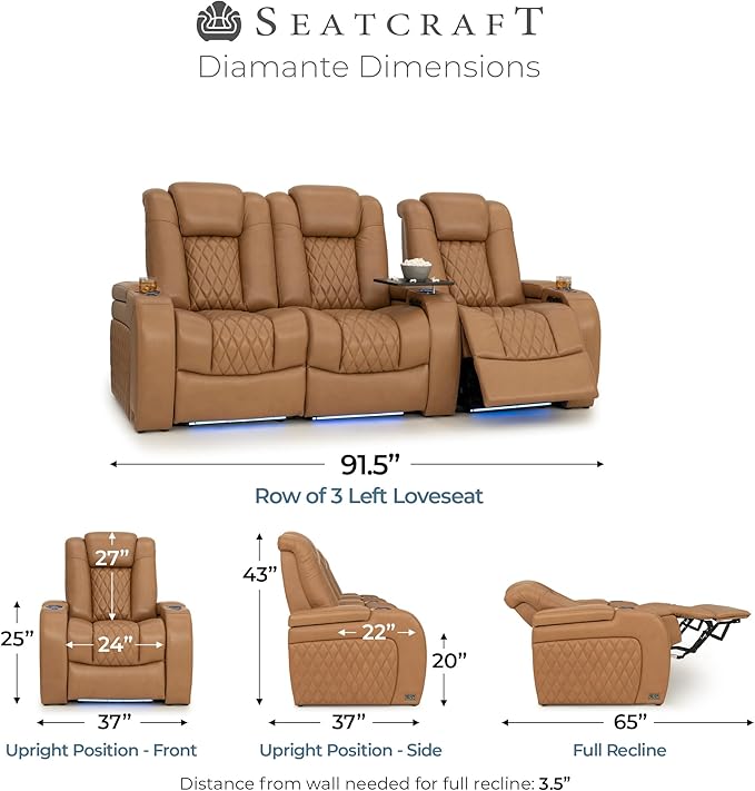 Seatcraft Diamante Zero-Gravity CoolZero Italian Leather Home Theater Seating, Power Headrest, Power Recline, Row of 3 Left Loveseat, Tan Oak