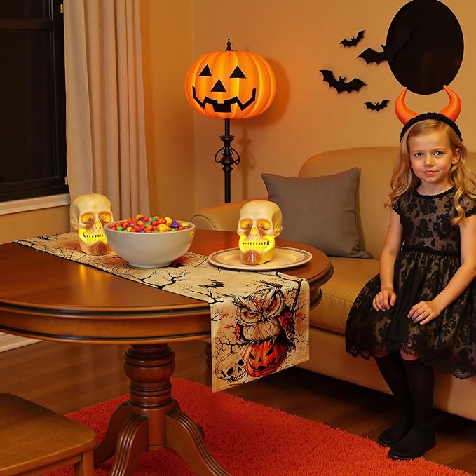 Halloween Table Runner with Owls, Bats & Spiders, Table Decoration for Dining Party and Home Decor,108x13 inches