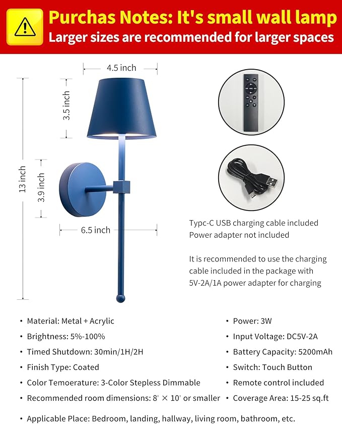 KDG Cordless Wall Sconces Set of 2, Wireless 5200mAh Rechargeable Battery LED Wall Lamps, Wall Lightings for Wall Painting, Outdoor, Garden, Living Room, Bedside, Hallway, Gifts, Night Light (Blue)