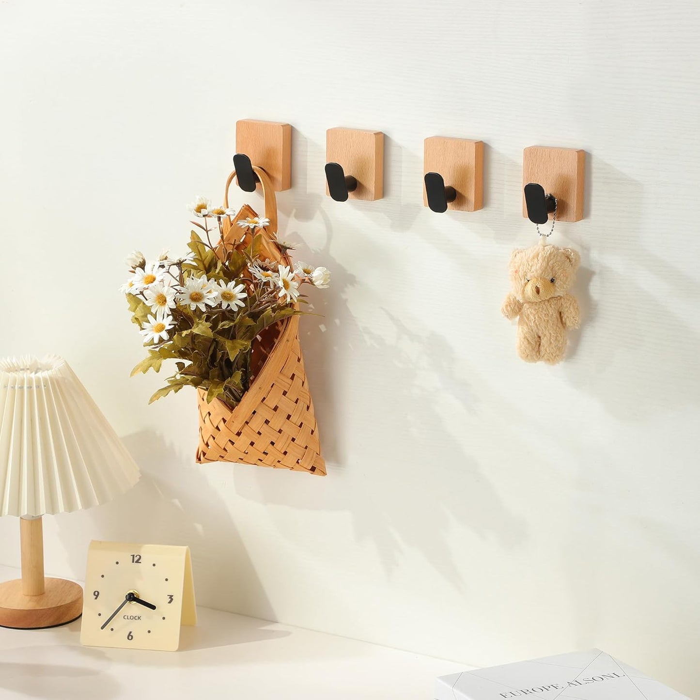 DELITON Towel Hooks Wall Mounted - Adhesive Bathroom Coat Hooks for Hanging Robes Clothes Light Brown, Black Solid Wood Beech Wall Hook 4 Packs