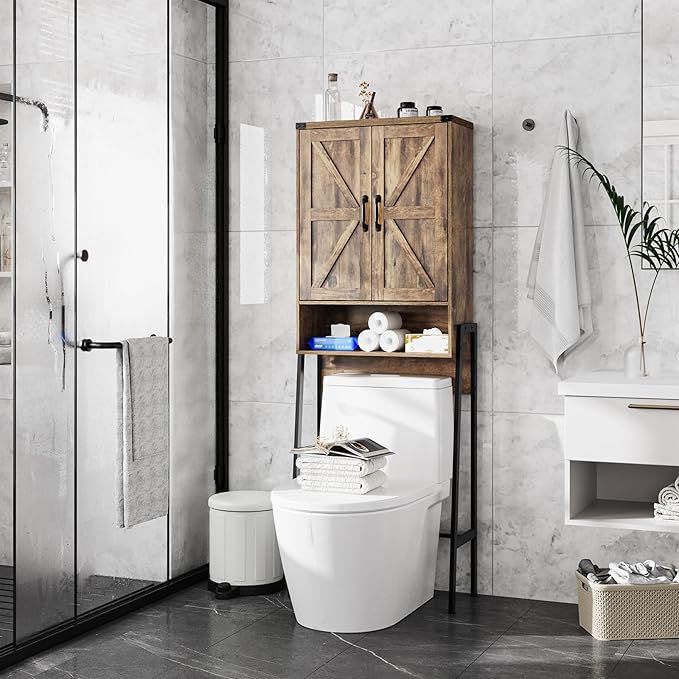 Over The Toilet Storage Cabinet with 2-Door Design Bathroom Organizers and Storage with Anti-Tip Device Over Toilet Organizer with Shelves for Bathroom,Restroom,Laundry Brown