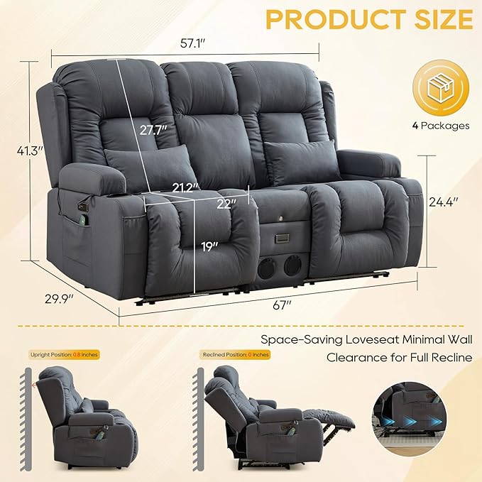 IPKIG 67" Power Reclining Loveseat Sofa, Electric Home Theater Seating with Console/4 Colors Ambient Lighting/Bluetooth Speakers/USB Ports/Built-in Outlets (Light Blue, Loveseat Recliner)