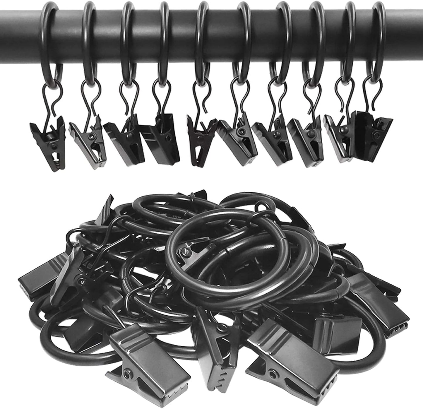 44 Pack Metal Curtain Rings with Clips, Drapery Clips with Rings, Drapes Rings 1 inch Inner Diameter, Fits Diameter 5/8 inch Curtain Rods, Black