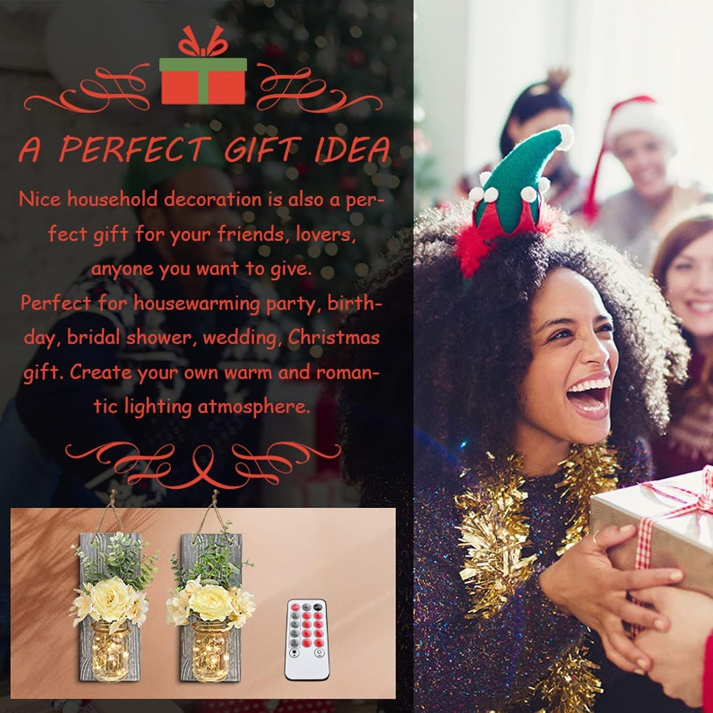 HOMKO Rustic Wall Decor, Mason Jars Wall Sconces with Remote LED Lights, Hanging Rural Retro Decor (Set of 2) - Rustic Grey