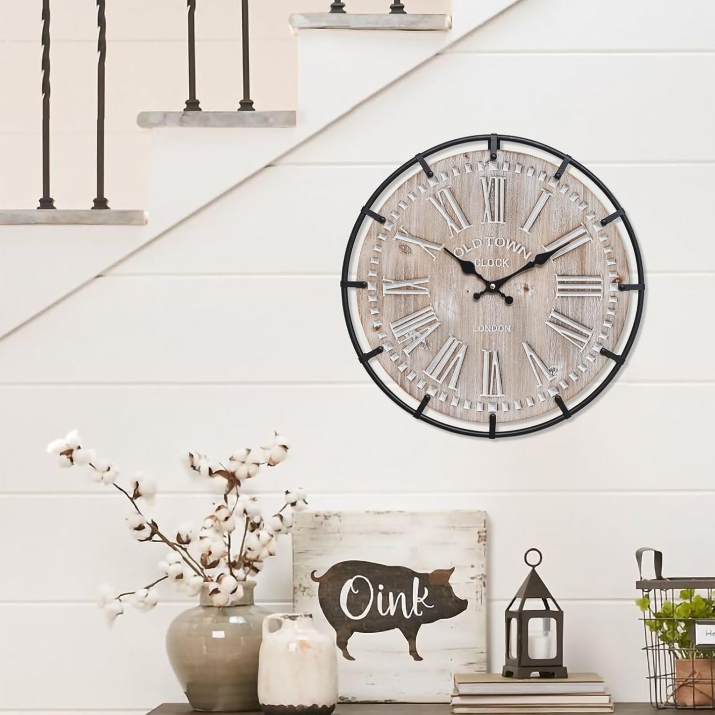 12 Inch Farmhouse Wall Clock Rustic Antique Wood with Metal Circle and Large Engraved Numerals, Silent Battery Operated Wall Clock for Office Kitchen Bedroom Living Room