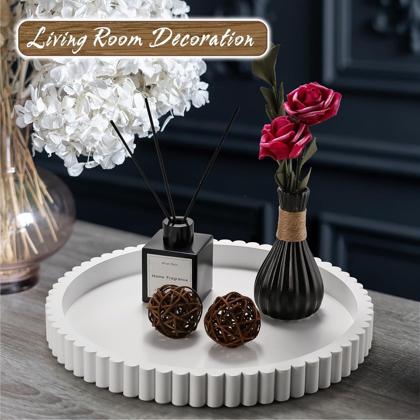 Handmade 12in Decorative Tray for Coffee Table Tray Decor, White Wooden Decorative Round Tray for for Coffee Table, Dining Room Table Entryway and Living Room Table