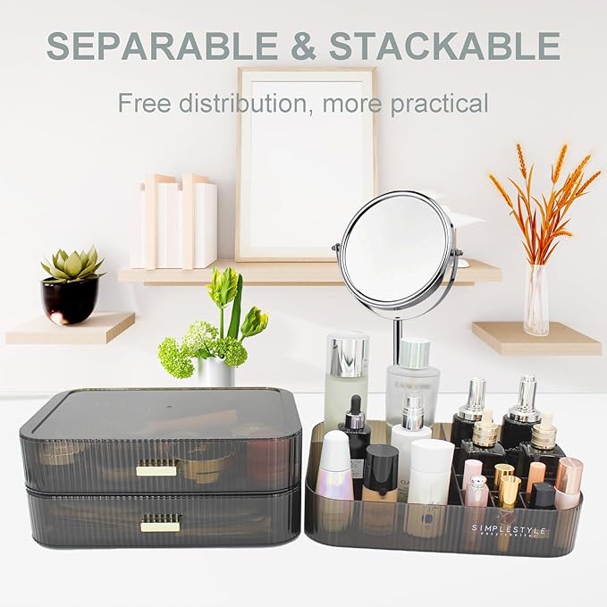Makeup Organizer with 2 Drawers, Cosmetics Organizer for Bedroom and Bathroom Vanity Countertops, Large Capacity Cosmetic Storage Box for Skincare Cream Perfume Lipstick Dresser Counter-Black