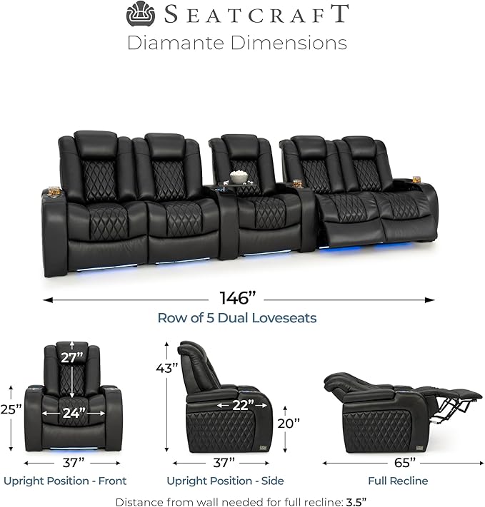 Seatcraft Diamante Zero-Gravity CoolZero Italian Leather Home Theater Seating, Power Headrest, Power Recline, Row of 5 Dual Loveseats, Black