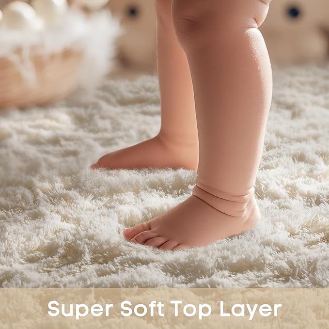 Ophanie Round Rug 4Ft Ivory Circle Area Rug, Aesthetic Room Decor, Fluffy Fuzzy Bedroom Carpet, Plush Soft Shaggy Cream Living Room Rugs for Kids Home Decor, Nursery