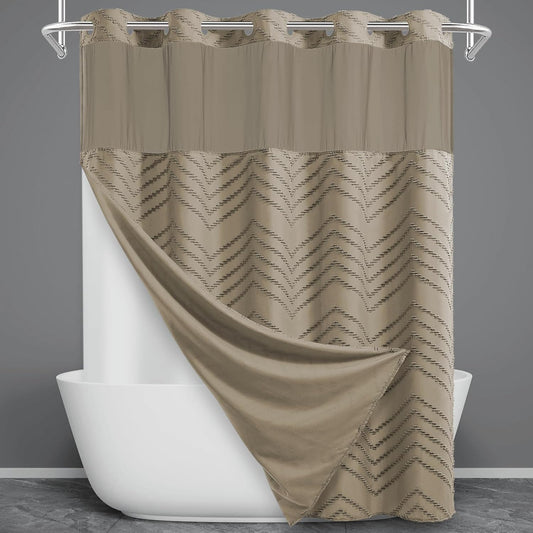 No Hook Shower Curtain with Snap in Liner, Tufted Chevron Striped Shower Curtain Set for Bathroom, Boho Waterproof and Washable Shower Curtains, 71Wx74H, Beige