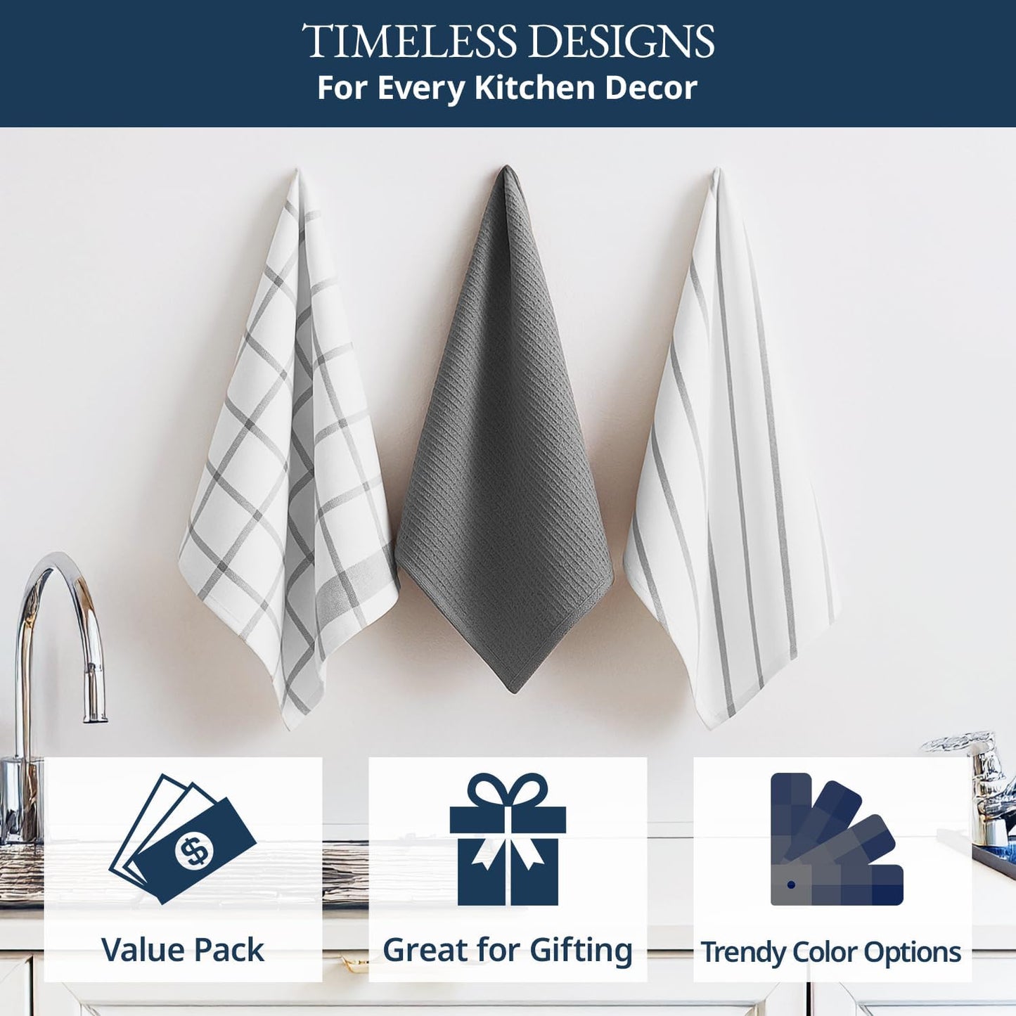 LANE LINEN Kitchen Towels & Dishcloths Set of 12-100% Cotton, Quick-Drying 18” x 28” Absorbent Dish & Tea Towels, Soft Hand Towels for Kitchen - Grey