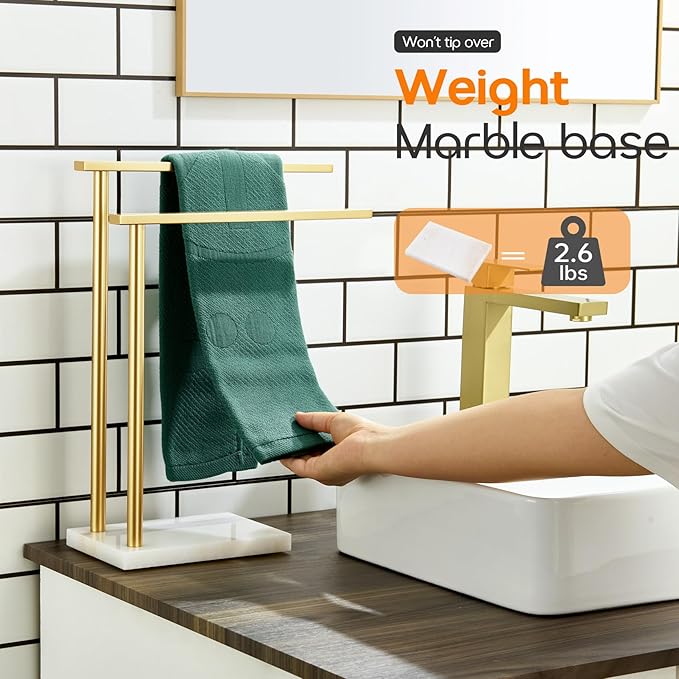 Hand Towel Bars for Bathroom Vanity Countertop 2-Tier Towel Rack Holders Stand with Heavy Marble Base Thicken Steady, Brushed Gold Stainless Steel AN7003GD